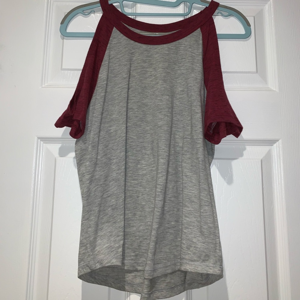 Fun maroon and grey open shoulder baseball tee